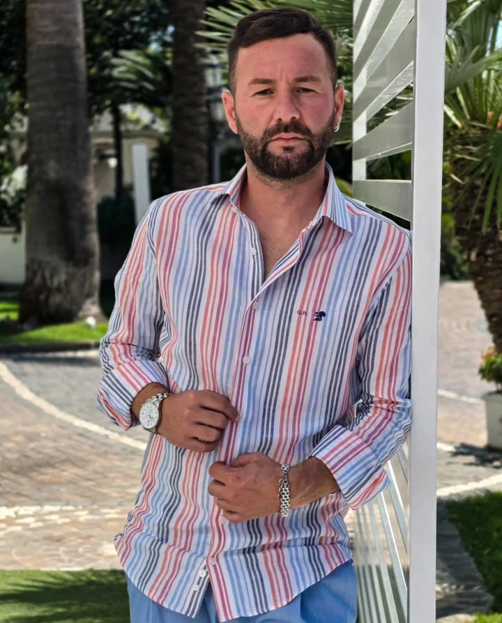 ALDIGHIERO - chemise lin rayure bleu-rouge  - NEON 4