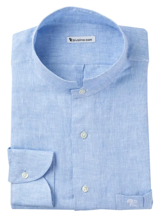 CASTEL VISCARDO - Blue linen men shirt  NEHRU collar - SERA 2