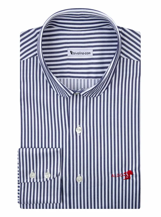 AGAMENNONE - Striped navy twofold egyptian cotton twill shirt - DOCRA 13