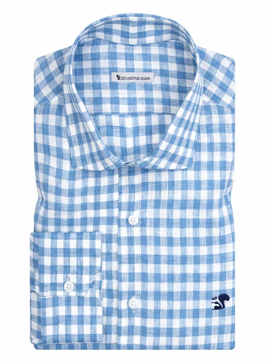 ALDEGARDO - blue checked gingham linen shirt - NEON 21
