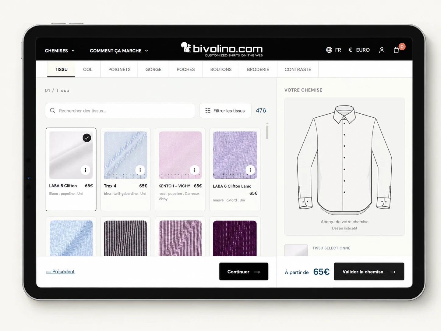 Configurateur Bivolino : choix des tissus et aperçu de la chemise sur mesure