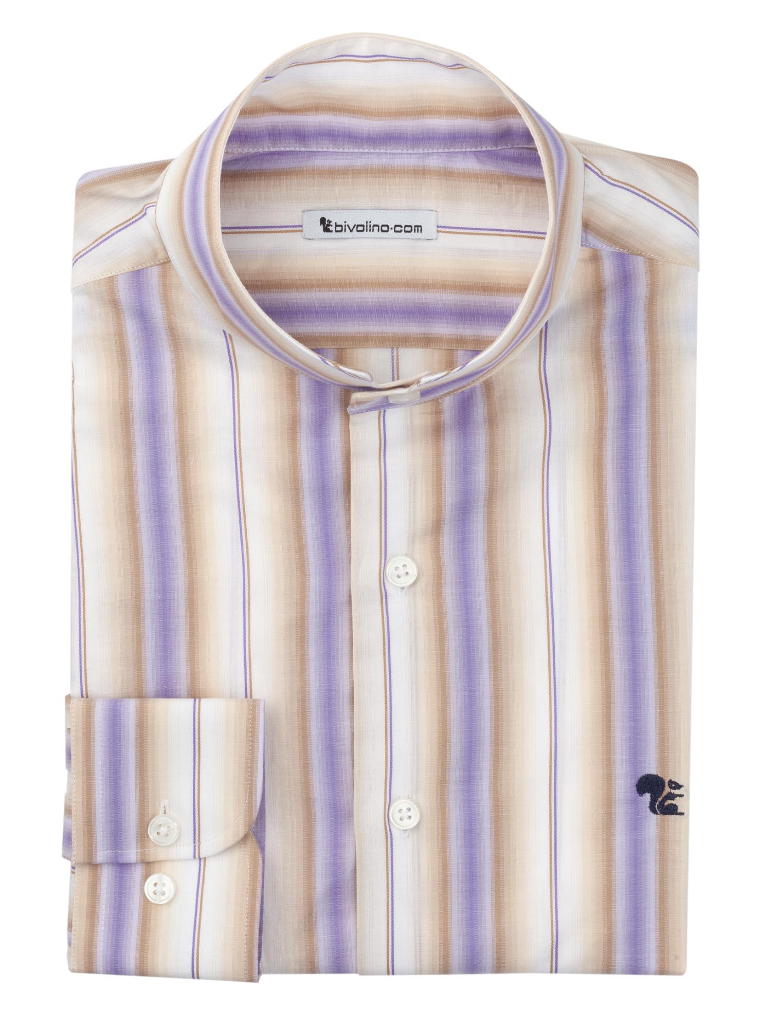 ARRONE - camisa de hombre con cuello nehru seersucker raya color crudo-lila - DUNA 1