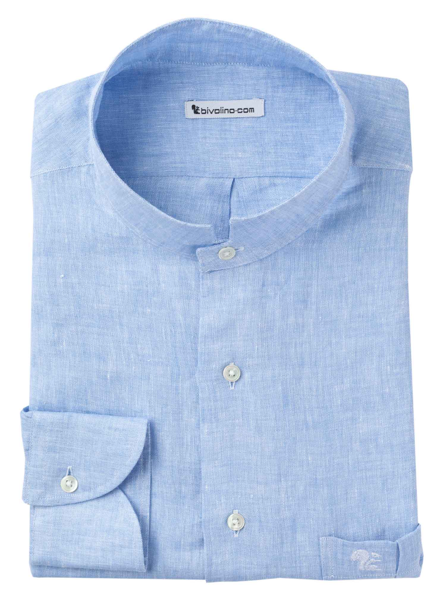 CASERTA - Blue linen men shirt  MAO collar - SERA 2