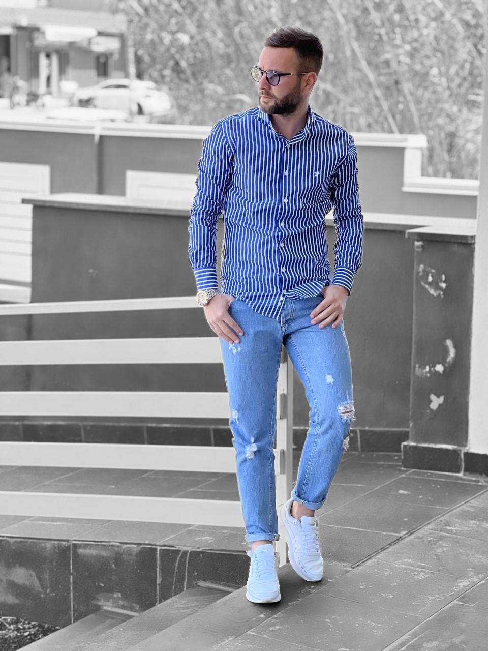 MILAN - chemise homme sur mesure Popeline Rayé bleu - Trex 2