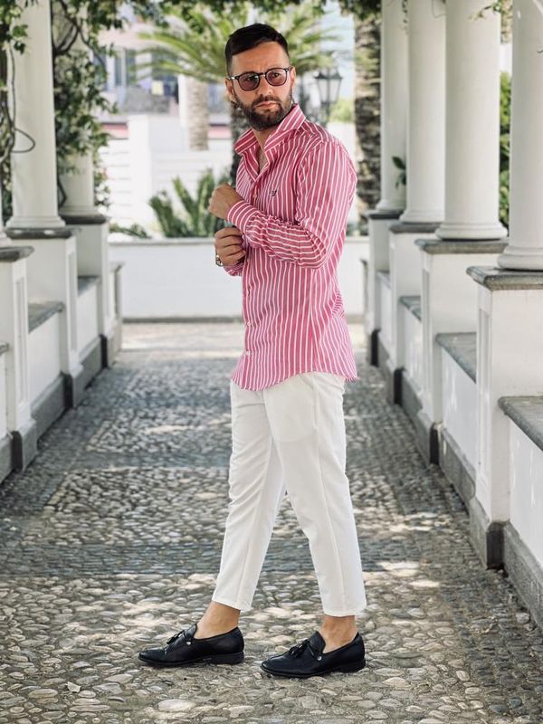 PESCARA - Gestreepte Popeline roze heren overhemd op maat - Trex 1