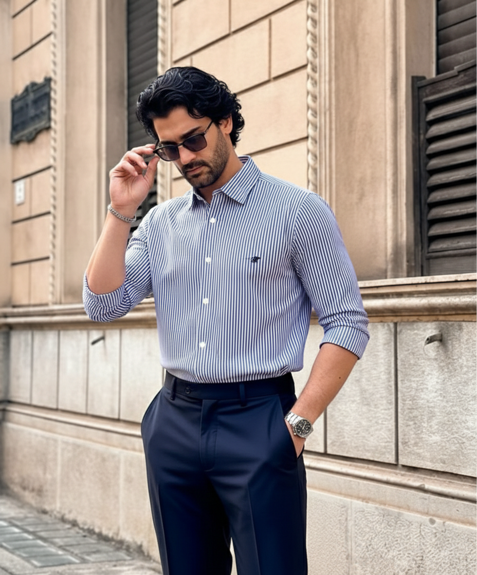 AGATO - kingsblue bengal stripe 2fold shirt - WINDY 14 BENGAL